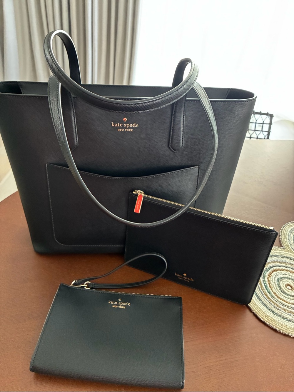 SLIGHTLY USED kate spade Black Saffiano Leather Tote with Matching Pouches